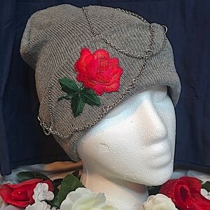 Gray Beanie with Red Rose and Chain Detail